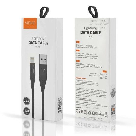 Kabel USB iPhone Lightning 1.2m czarny VIDVIE CB491 2.4A